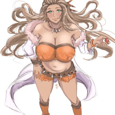 pokemon, pokemon sv, pokemon professor, professor sada (pokemon), 1girls, big breasts, breast grab, breasts, breasts out, brown hair, brown skin, busty, cavewoman, curvaceous, curves