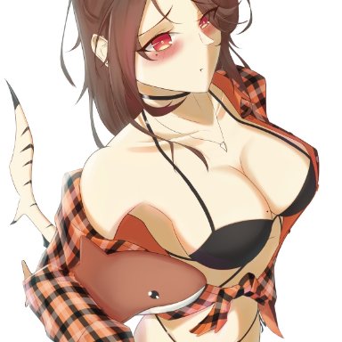 roblox, zeppelin wars, roblox avatar, haysukey, 1girls, big breasts, bikini, blush, collarbone, open shirt, panties, plaid, plaid shirt, shark girl, shark tail