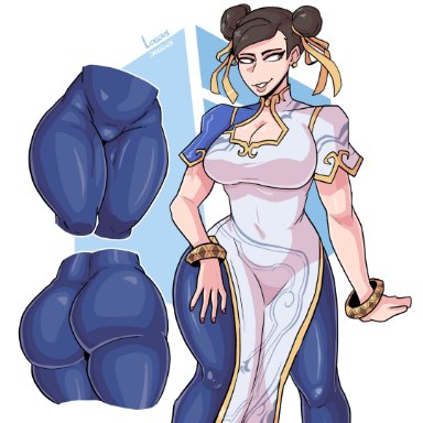 capcom, street fighter, street fighter 6, chun-li, loggus doggus, ass closeup, buns, chinese clothes, cleavage, cleavage cutout, hair bun, muscular, muscular thighs, older female, ribbon