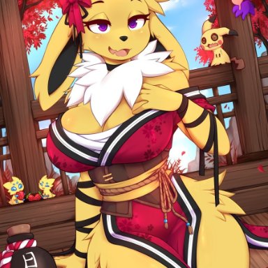 pokemon, eeveelution, jolteon, pok&#233;mon (species), teranen, animal ears, big breasts, breasts, female, furry, furry only, pokephilia, yellow fur, tagme