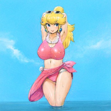 mario (series), nintendo, super mario odyssey, princess peach, buredoran, armpits, arms behind head, arms up, ass visible through thighs, bikini, blonde hair, blue eyes, breasts, cameltoe, cleavage