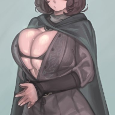 elden ring, fromsoftware, melina (elden ring), kelvin hiu, 1girls, bra, breasts, brown hair, cleavage, cloak, female, female only, hips, huge breasts, short hair