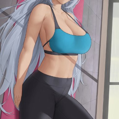 genshin impact, shenhe (genshin impact), zaphn, 1girls, breasts, female, female only, green eyes, hair down, hair over one eye, hips, huge breasts, indoors, long hair, looking at viewer