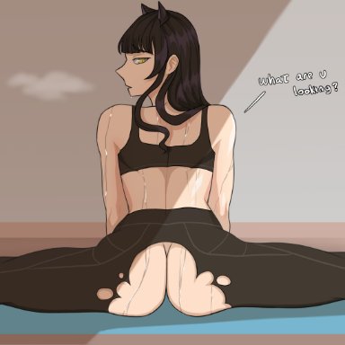 rwby, blake belladonna, nobledocart, ass, ass cheeks, bangs, bare ass, bare shoulders, barefoot, big ass, big butt, black bra, black hair, black pants, black sports bra