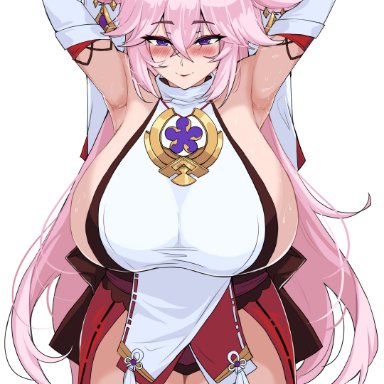 genshin impact, aether (genshin impact), yae miko, drogod (artist), 1boy, 1girls, animal ears, armpits, big breasts, blush, bulge, earrings, female, hair ornament, hands behind head