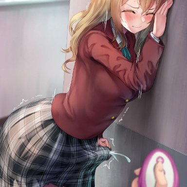 ayanakitori, 1futa, against wall, blonde hair, blush, breasts, closed eyes, clothed, clothing, cum, cum through clothes, cumdrip, cumshot, domination, ejaculation