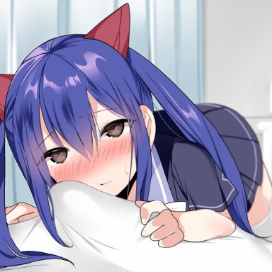 fairy tail, wendy marvell, nyotayohu3, 1boy, 1boy1girl, 1girls, bed, bed sheet, bedding, bedroom, blanket, blue hair, blush, brown hair, clothed