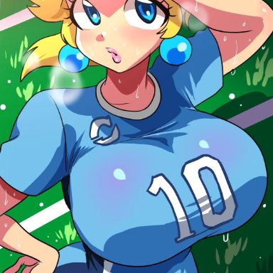 mario (series), mario strikers, nintendo, princess peach, sasatseng, big breasts, blonde hair, blue eyes, breasts, crown, female, female only, hotpants, huge breasts, jersey