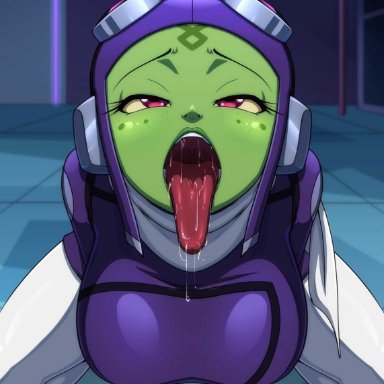 ben 10, ben 10 omniverse, attea, reit, 1girls, big breasts, clothed, clothed girl, female, green skin, inviting, long tongue, looking at viewer, open mouth, oral invitation