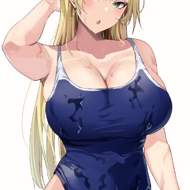 love live!, love live! super star!!, heanna sumire, yamasonson, 1girls, big breasts, big hips, blonde hair, breasts, busty, female, female only, green eyes, hand on head, hips