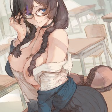 original, original character, cutesexyrobutts, 1girls, braided twintails, breasts out, brown hair, classroom, erect nipples, female, female only, glasses, hips, indoors, large areolae