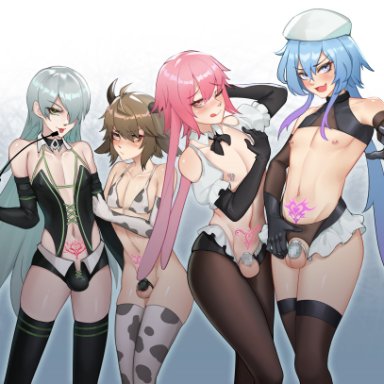 arknights, ansel (arknights), arene, bison (arknights), mizuki (arknights), gins, 4boys, :p, :q, ahoge, animal ears, arm up, bare shoulders, beret, bikini