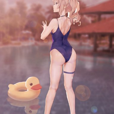 genshin impact, barbara (genshin impact), 1girls, ass, back view, blonde hair, blue eyes, bubble butt, choker, duck, feet, female, female only, from behind, hat