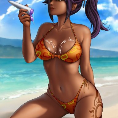 bleach, shihouin yoruichi, flowerxl, 1girls, beach, big breasts, breasts, dark-skinned female, dark skin, female, female only, large breasts, solo