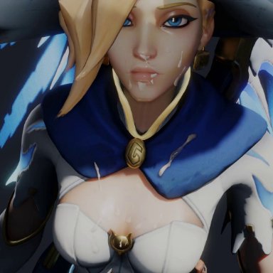 among us, overwatch, sus, mage mercy, mercy, vulpeculy, &#8206;, amongus, blonde hair, blue eyes, cleavage, cum, cum on face, imposter (among us), suspecius