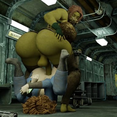 fallout, super mutant, onc, 1female, 1futa, 1girl, 1girls, ass, big ass, big breasts, big penis, curly hair, dat ass, duo, duo focus