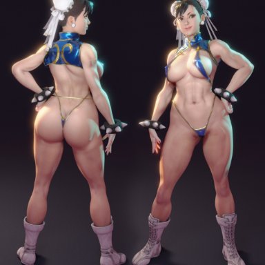 street fighter, chun-li, crisisbeat, abs, asian female, ass, black hair, boots, brown eyes, bubble butt, fit female, front and back, large breasts, spiked collar, thong