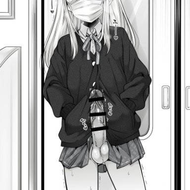 original, nanamatsu kenji, 1boy, bangs, blush, collared shirt, crossdressing, erection, eyebrows visible through hair, femboy, girly, grey background, hands in pockets, heart, large penis