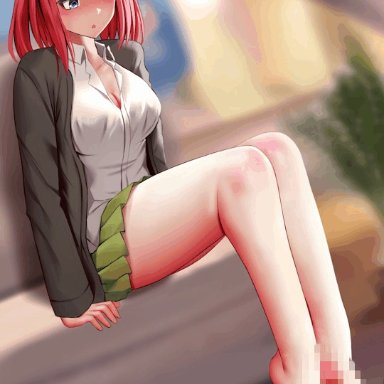 go-toubun no hanayome, nakano nino, ginhaha, blue eyes, blush, bouncing breasts, button down shirt, cleavage, clothed sex, female, footjob, footwear, green skirt, jacket, large breasts