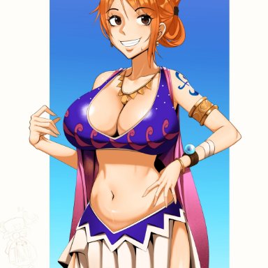 one piece, nami, kevbot, 1girls, belly button, breasts, brown eyes, cleavage, female, female only, hand on hip, hips, huge breasts, long hair, midriff