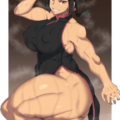 pokemon, pokemon oras, zinnia (pokemon), oryuto, 1girl, 1girls, abs, big ass, big breasts, black hair, bubble ass, bubble butt, clothed, dark-skinned female, female