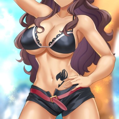 fairy tail, cana alberona, nez-box, 1girls, belt, bikini top, brown hair, cleavage, huge breasts, long hair, posing, purple eyes, short shorts, tattoo, thick thighs