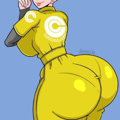 dragon ball, dragon ball super, dragon ball z, bulma briefs, bermuda art, 1girls, ass, blue eyes, blue hair, child bearing hips, curvaceous, curvy, curvy figure, ear piercing, eyelashes