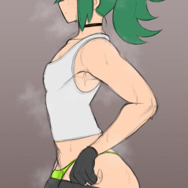 mctamagomaki, femboy, side view, steaming body, sweating, thick thighs