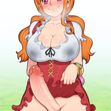 one piece, nami, afrobull, 1futa, balls, big breasts, blush, bottomless, bracelet, breasts, cleavage, clothed, clothing, collarbone, cowboy shot