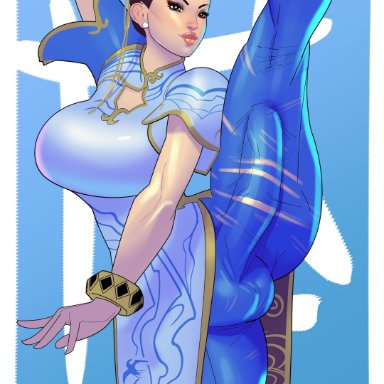 capcom, street fighter, street fighter 6, chun-li, meinfischer, 1futa, asian, asian clothing, asian futanari, ass, athletic, athletic futanari, balls, balls under clothes, big breasts