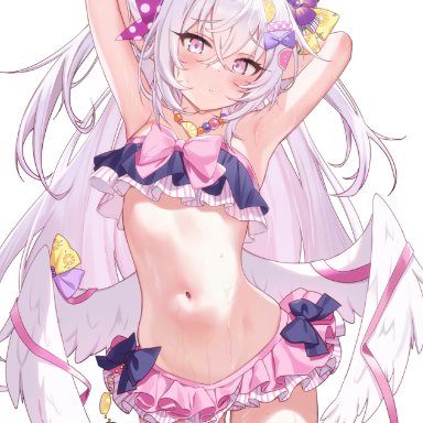 blue archive, azusa (blue archive), ponya, armpit fetish, armpits, arms behind back, arms up, belly, belly button, blush, flat chest, hair ornament, long hair, looking at viewer, midriff