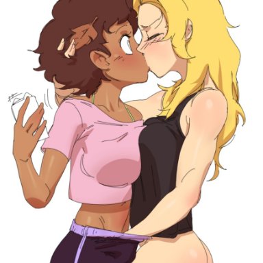 amphibia, anne boonchuy, sasha waybright, athos (artist), 2girls, ass, big breasts, black shorts, blonde hair, bottomless, breasts, dark-skinned female, dark skin, exposed ass, fingering