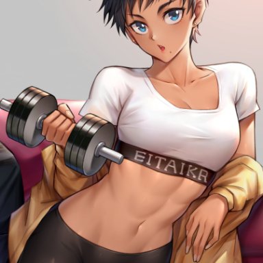 one-punch man, suiko (one-punch man), hua-j, 1girls, abs, belly, belly button, big breast, blue eyes, blush, breasts, brown hair, cameltoe, clothed, clothing