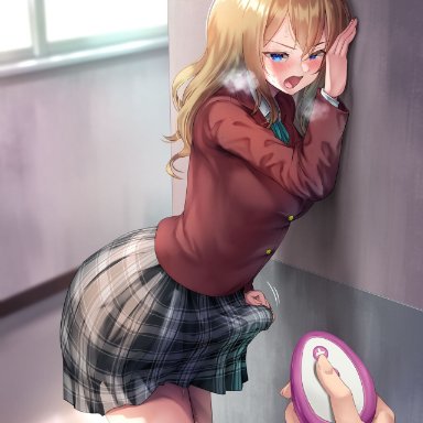 ayanakitori, 1futa, against wall, angry, angry expression, annoyed, blonde hair, blue eyes, blush, breasts, clothed, clothing, domination, erection, erection under clothes