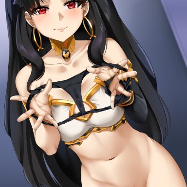 fate/grand order, fate (series), ishtar (fate/grand order), xkit69, black hair, black panties, bottomless, hair ornament, long hair, looking at viewer, panties, panties removed, red eyes, solo, solo female