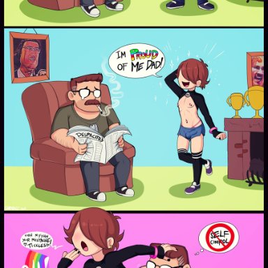 shadman, 2boys, age difference, blinding bangs, bulge, bulge through clothing, crossdressing, erection under clothes, eyeglasses, eyeless male, father, father and son, femboy, femboy on male, incest