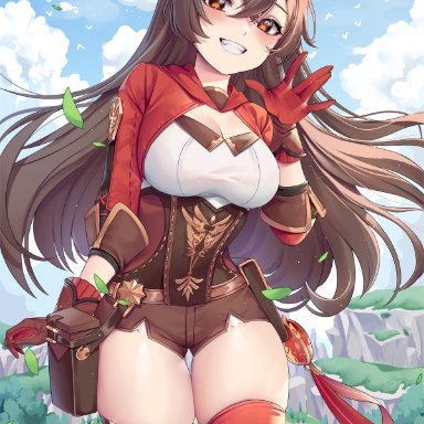 genshin impact, amber (genshin impact), tacco (tikeworld), 1girls, background, big breasts, blush, bottomwear, breasts, brown eyes, brown hair, clothing, gloves, goggles, goggles on head