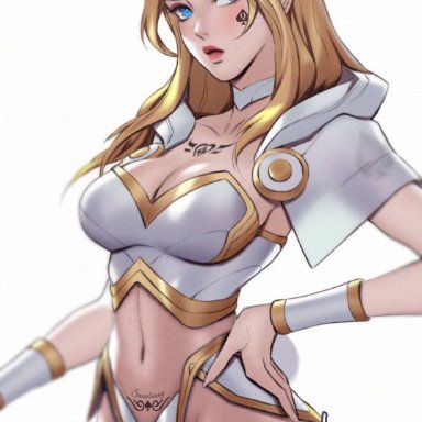 league of legends, luxanna crownguard, citemer, 1girl, 1girls, looking at viewer, queen of spades, snowbunny, tattoo, tattoo above pussy, tattoo on chest, tattoo on face, tattoo on legs, tattoos