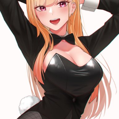 sono bisque doll wa koi wo suru, kitagawa marin, jebi, 1girls, animal ears, arm behind head, black bow, black bowtie, black coat, black legwear, black leotard, blonde hair, bow, bowtie, breasts