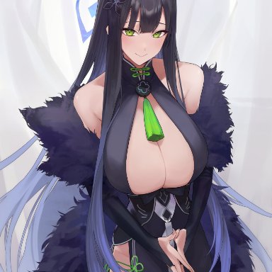blue archive, shun (blue archive), animal ears, armpits, bare shoulders, big breasts, bigger female, black hair, blush, blushing at viewer, boob window, breasts, cleavage, fur coat, green eyes