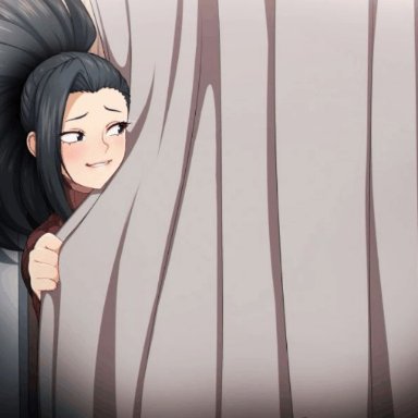 my hero academia, momo yaoyorozu, neocoill, ahe gao, anal, anal sex, behind curtain, black eyes, black hair, black legwear, black panties, black stockings, clothed sex, cum, cum in anus