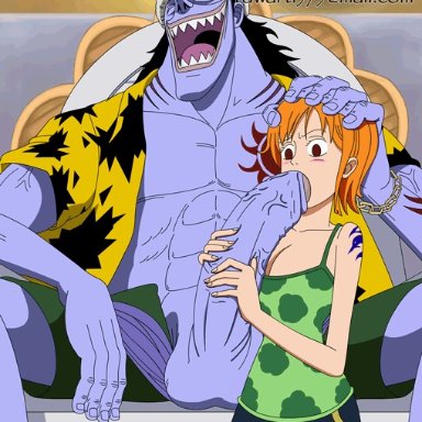 one piece, arlong, nami, blue skin, clothed, clothing, forced, forced oral, huge breasts, huge cock, oral, orange hair, rape, short hair, size difference