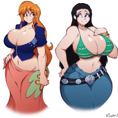 one piece, nami, nico robin, superix, 2girls, black hair, breasts, brown eyes, busty, cleavage, costume switch, curvaceous, curvy, curvy body, curvy female