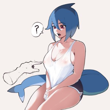 shark girl (azuumori), thiccwithaq, 1girls, ?, blue hair, breasts, disembodied hand, dolphin shorts, eyebrows visible through hair, female, female only, medium hair, nipples visible through clothing, pointing, red eyes