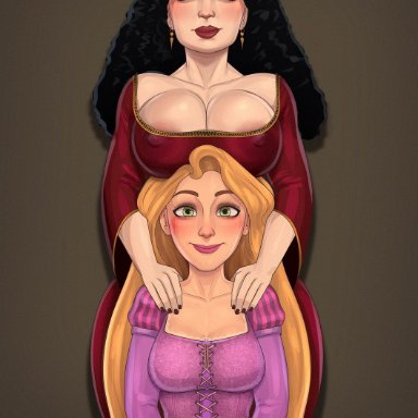 disney, tangled, mother gothel, rapunzel, rocner, 2girls, areola slip, big breasts, black hair, blonde hair, blush, breasts, cleavage, clothed, clothing