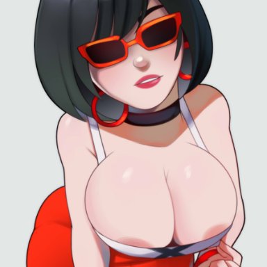 fortnite, evie (fortnite), postblue98, big breasts, black hair, erotic costume, glasses, nipples, no bra, red lipstick, red skirt, skirt, teeth, white skin