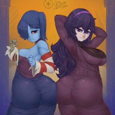 game freak, pokemon, pokemon xy, skullgirls, hex maniac, squigly, ourobot, 2girls, ass, ass focus, ass to ass, big ass, big breasts, blue hair, bottomwear