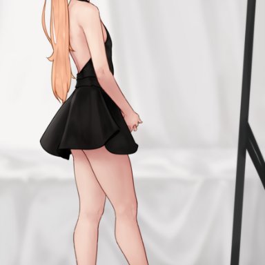 bluefield, 1boy, black dress, blonde hair, femboy, green eyes, heels, high heels, looking in mirror, platform heels, ponytail, solo, thighs