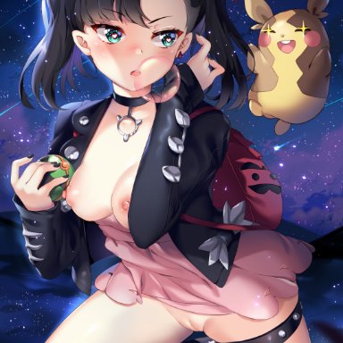 pokemon, pokemon ss, marnie (pokemon), morpeko, squchan, 1girls, black hair, black nails, blowing bubblegum, blue eyes, bottomless, breasts, dusk ball, holding poke ball, mostly clothed