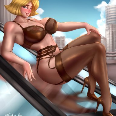 totally spies, clover (totally spies), tessreidex, blonde hair, blush, city, high heels, lingerie, looking at viewer, rooftop, thick thighs, thighs